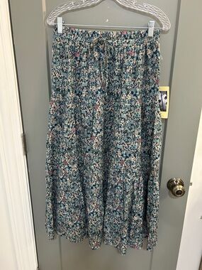 Trovata Birds of Paradis Floral Tiered Midi Skirt with Drawstring Waist New!